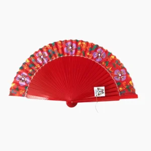 Abanico lacado en rojo. motivo hibisco violeta